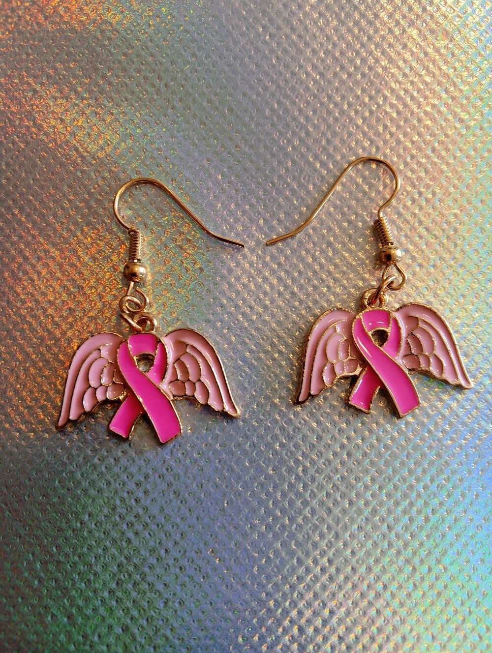 Pink Ribbon Angel Wing Dangle Earrings